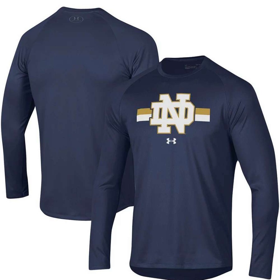 Tops * | Men'S Under Armour Navy Notre Dame Fighting Irish Team Stripe Performance Raglan Long Sleeve T-Shirt