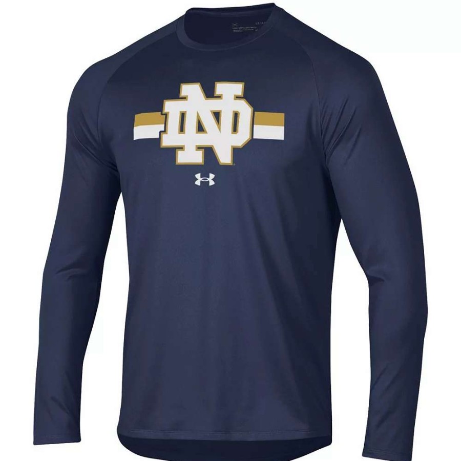 Tops * | Men'S Under Armour Navy Notre Dame Fighting Irish Team Stripe Performance Raglan Long Sleeve T-Shirt