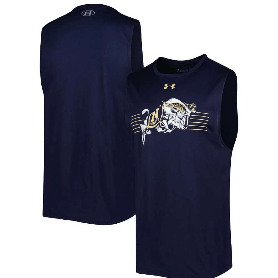 Tops * | Men'S Under Armour Navy Navy Midshipmen Logo Striped Tech Performance Tank Top